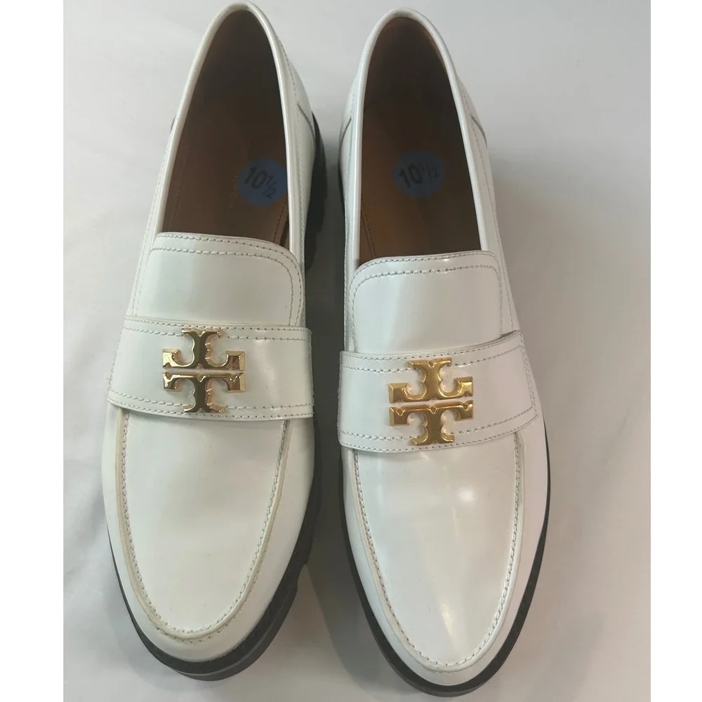 Tory Burch Lug Sole Loafers Women 10.5 White Gold Logo Leather Lug Sole 82845